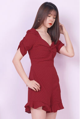 Fine Puff Sleeve Knot Front Textured Ruffle Playsuit (Maroon)